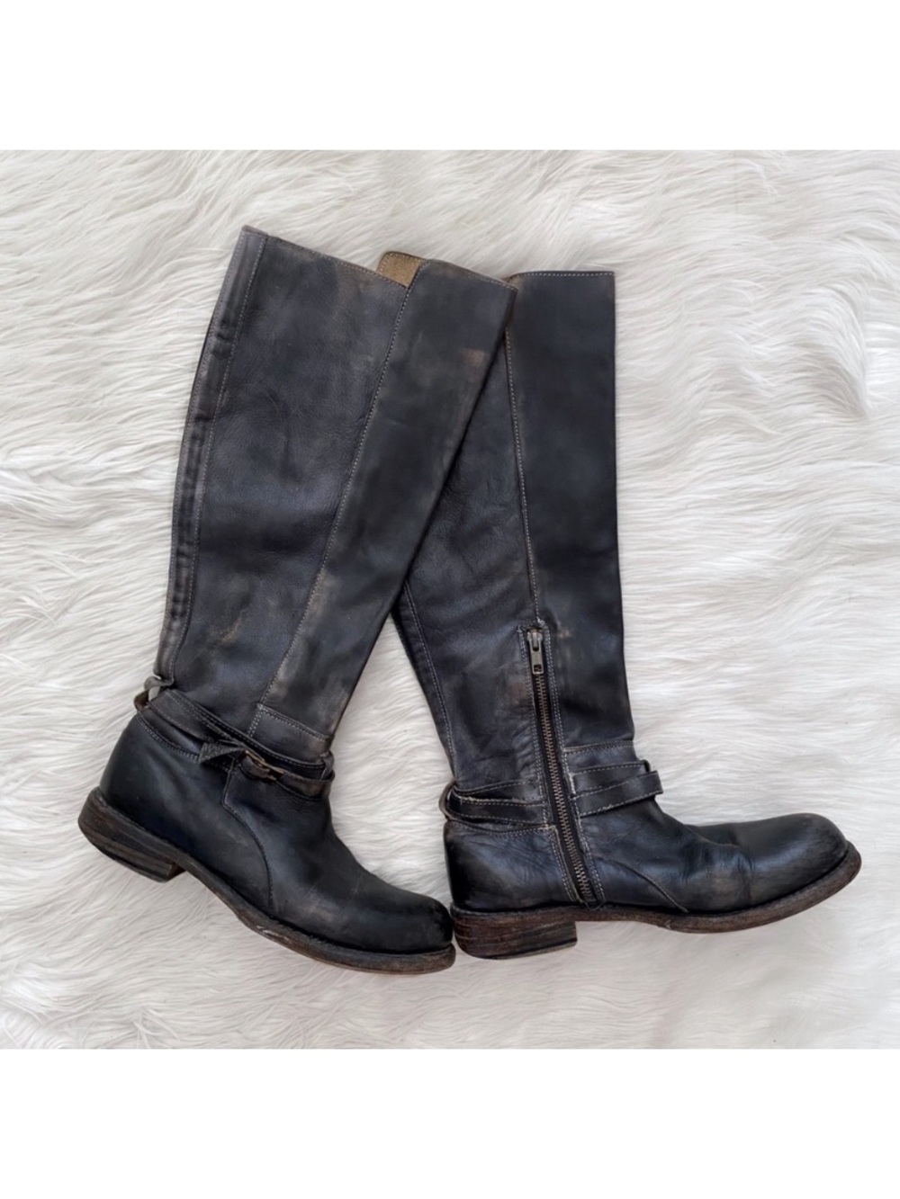 Bed Stu Bristol Boots Black Rustic Tall Leather Riding Gray Distressed Boho 8.5
